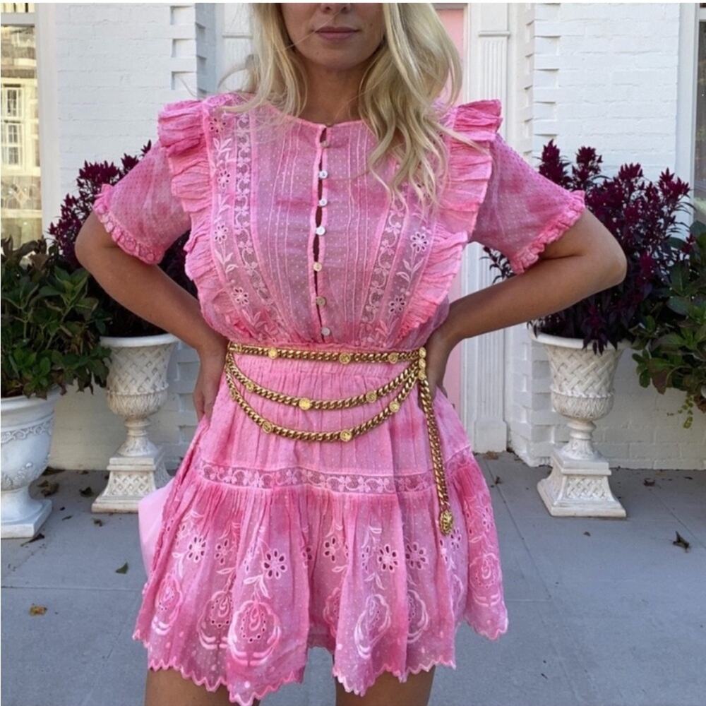 LoveShackFancy Pink Eyelet Ruffle Mini Dress